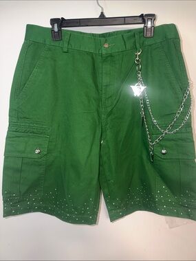 💎🩳💎 Watson Green Cargo Shorts with Chain and Rhinestones Detail